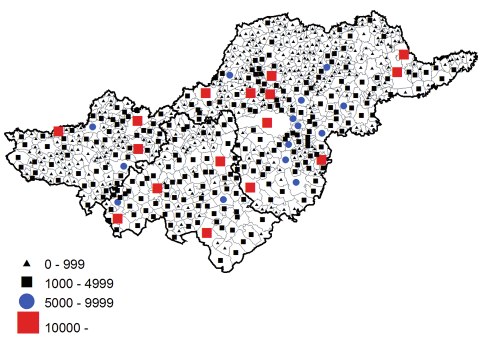 A régiót alkotó megyék településszerkezetében 2004. január 1. óta jelentős változás nem történt, régiós szinten 610 település volt 2009.01.01-én. A városok száma 40 volt, mely a 2004.01.01-i állapothoz képest 5 település várossá minősítését jelzi.