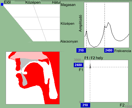 12. ábra Az á beszédhang képzési pozíciója, spektruma, F1 F2 formánsfrekvenciái (Sensimetrics, 1997) Az i hangot pedig elöl képzett, felső nyelvállású, zárt állkapcsú ajakréssel képezzük, amint azt a