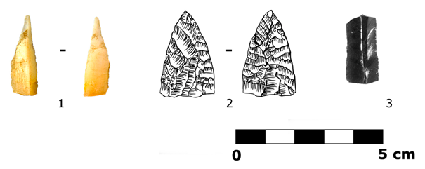 34 Faragó Norbert K. Tutkovics Eszter Kalli András 9. kép. 1 3. Pattintott kőeszközök. Fúró 1.: 208. objektum. Bifaciális nyílhegy 2.: 4. objektum. Pengetöredék 3.: 286. objektum. Fig. 9. 1 3. Chipped stone tools.