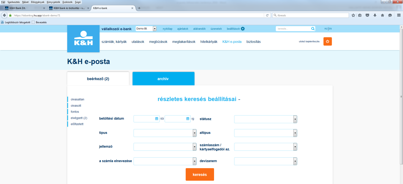 A menüpontban az alábbi paraméterek segítségével kereshet elektronikus dokumentumai közt: A K&H e-kivonatok keletkezésüket követő 13 hónapig on-line elérhetőek a K&H e-posta alkalmazáson keresztül,