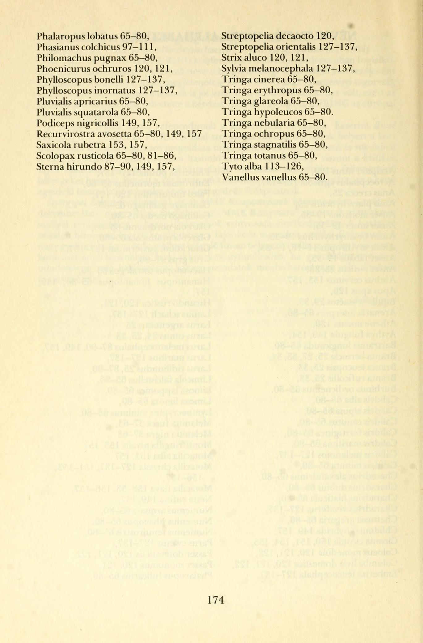 Phalaropus lobatus 65-80, Phasianus colchicus 97-111, Philomachus pugnax 65-80, Phoenicurus ochruros 120, 121, Phylloscopus bonelli 127-137, Phylloscopus inornatus 127-137, Pluvialis apricarius