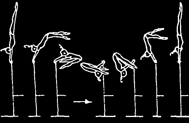 9 Giant circle fwd. without/with reaching handstand (also in regular grip) S'abaisser en av. grand élan circ.en av. sans/avec l'atr (aussi en prise dorsale) Abschwingen vw./riesenfelge vw.