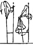 607 - F - Facing outward on HB underswing with support of feet-counter salto fwd straddled to catch on HB 5.108 Sole circle bwd (piked or straddle) 5.