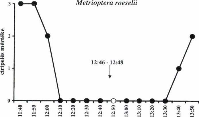 brachyptera ciripelési aktivitása 12:00-ig (70%-os RF) erős volt, és csak 12:10-től (55% RF) kezdett el csökkenni közel 20 perccel a teljes fogyatkozás előtti időpontig (12:30, 20% RF), amikor