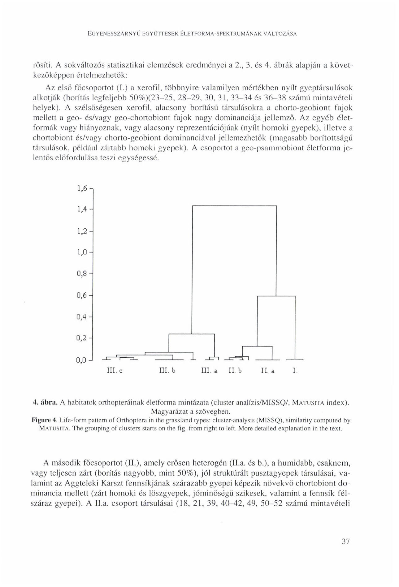 EGYENESSZÁRNYÚ EGYÜTTESEK ÉLETFORMA-SPEKTRUMÁNAK VÁLTOZÁSA rősíti. A sokváltozós statisztikai elemzések eredményei a 2., 3. és 4. ábrák alapján a következőképpen értelmezhetők: Az első főcsoportot (I.