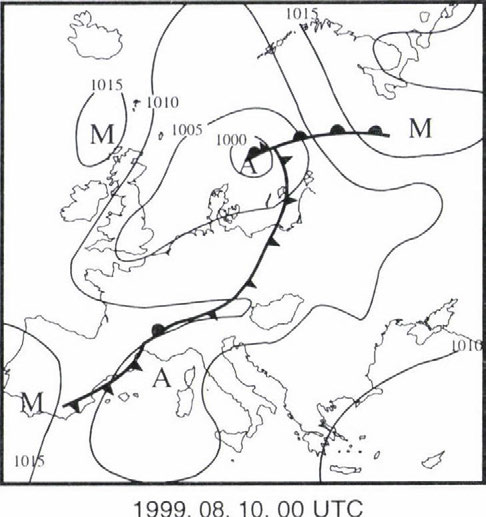 A" denotes cyclone centres whereas M" refers to anticyclone centres. It can be seen a new low pressure centre north-west from Hungary. Its cold front stretches over Hungary.