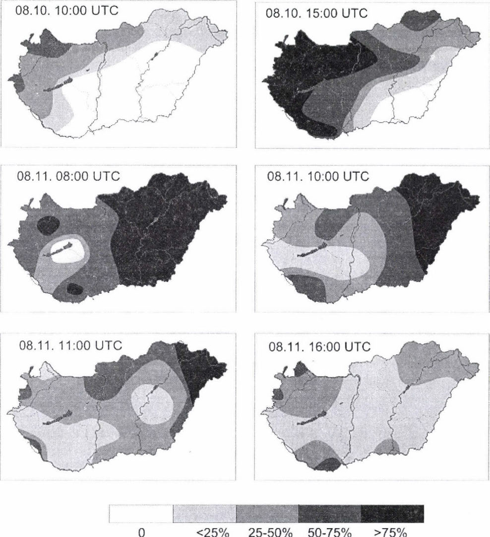 WEIDINGER Т., PINTÉR К., HIRSCH Т. & MÉSZÁROS R. 2. ábra. A felhőzeti mező szerkezete és változásai a magyarországi szinoptikus megfigyelések alapján 1999. augusztus 10. 10 UTC és augusztus 11.