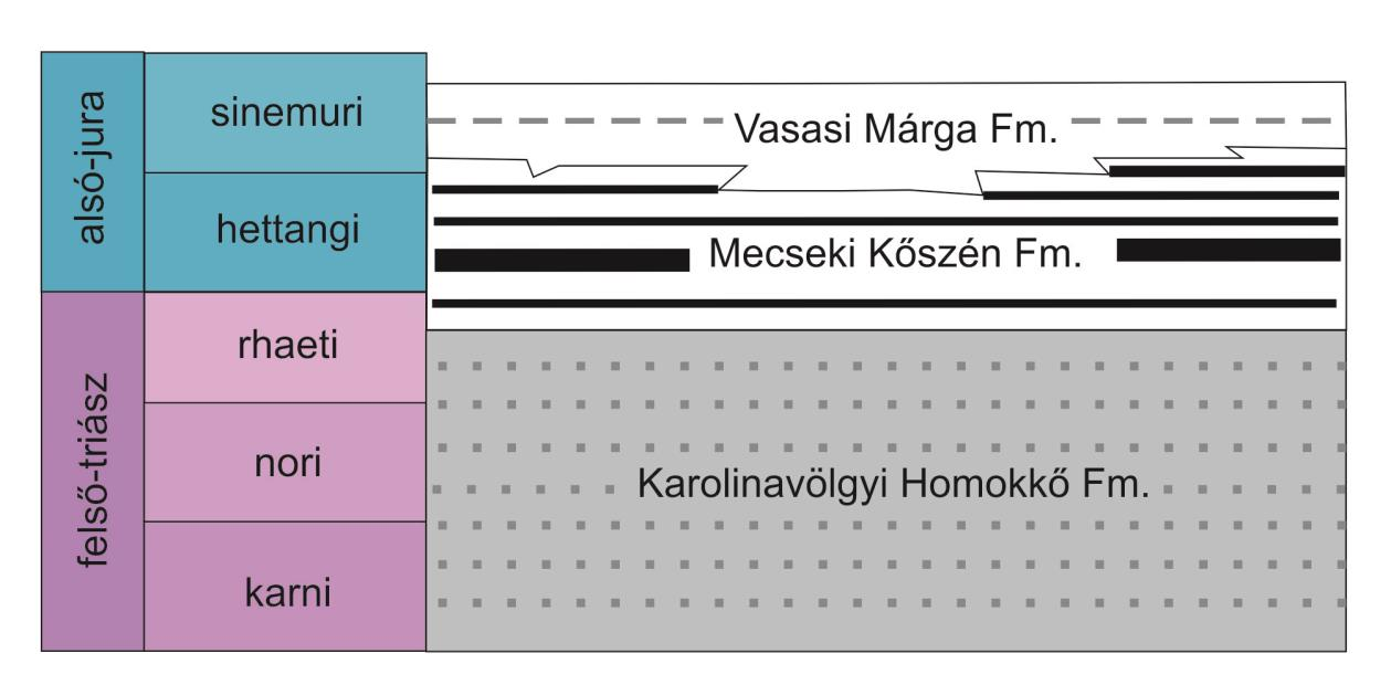 A fekü képződmény a Karolinavölgyi Homokkő Formáció (2. ábra), amiből folyamatos átmenettel fejlődik a Mecseki Kőszén Formáció. Sem őslénytani alapon (RUCKWIED et al.