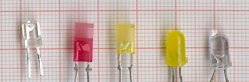 LED (Light Emitting Diode, fénydióda): A nyitóirányban előfeszített diódában az erősen szennyezett rétegben az elektron-lyuk párok gyakori rekombinációja során a félvezető anyagra jellemző