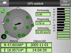 A szürke műholdakkal a kapcsolat egyirányú, míg a zöldek segítségével számítja ki a GPS az Ön pillanatnyi pozícióját. A jobb oldalon a műhold jelerősségét mutató sávok láthatók.