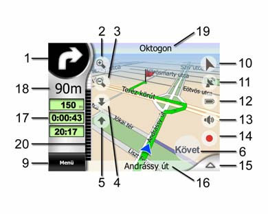 (opcionális) 6 Azt jelzi, hogy a GPS-pozíciókövetés és irány inaktív A Pozíciókövetés/Intelligens nagyítás visszakapcsolása 7 Kijelölt térképpont (Kurzor) A Pontinfó és a Kurzor menü megnyitása 8