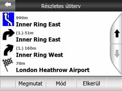 Átfogó útiterv: A Mód gombot ismét megérintve megjelenik egy áttekintés az útról, ami csak a fontos utakat és kereszteződéseket tartalmazza.