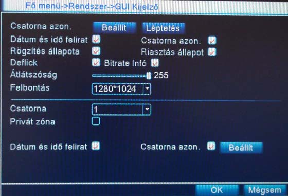 4.9.2 GUI Kijelző A kijelző tulajdonságainak és a privát zónák beállítása. Csatorna azon.: Az egyes kamerák képernyőn megjelenő nevének beállítása.