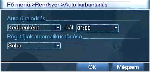 8 Auto karbantartás A DVR automatikus karbantartási feladatainak beállítása.