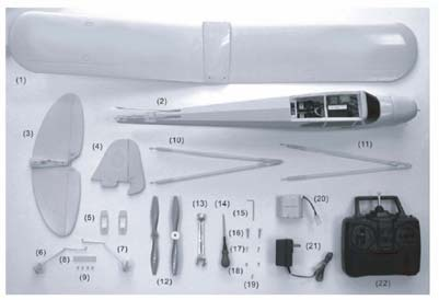 A gép részei (1) szárnyak (2) repülőgéptörzs (3) magassági kormány (4) oldalkormány (5) tartalék szervo-tartók (6) bal futómű (7) jobb futómű (8) futómű-burkolat (9) 4 csavar (2x6 mm) a