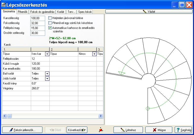 Automatikus, egyedi lépcső szerkesztése 1.1.3 11 Íves kar A típus kiválasztása után a következő adatokat kell megadni. Ívelt kar adatainak megadása Fellépésszám: a kar fokainak, fellépéseinek száma.