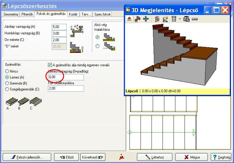 Automatikus, egyedi lépcső szerkesztése 17 Lemezes alátámasztás "0" lemezvastagság jelzéssel 1.3.