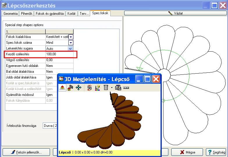 Automatikus, egyedi lépcső szerkesztése 27 Kerekített lépcső az összes fokon végigfutó kezdő szélesítéssel