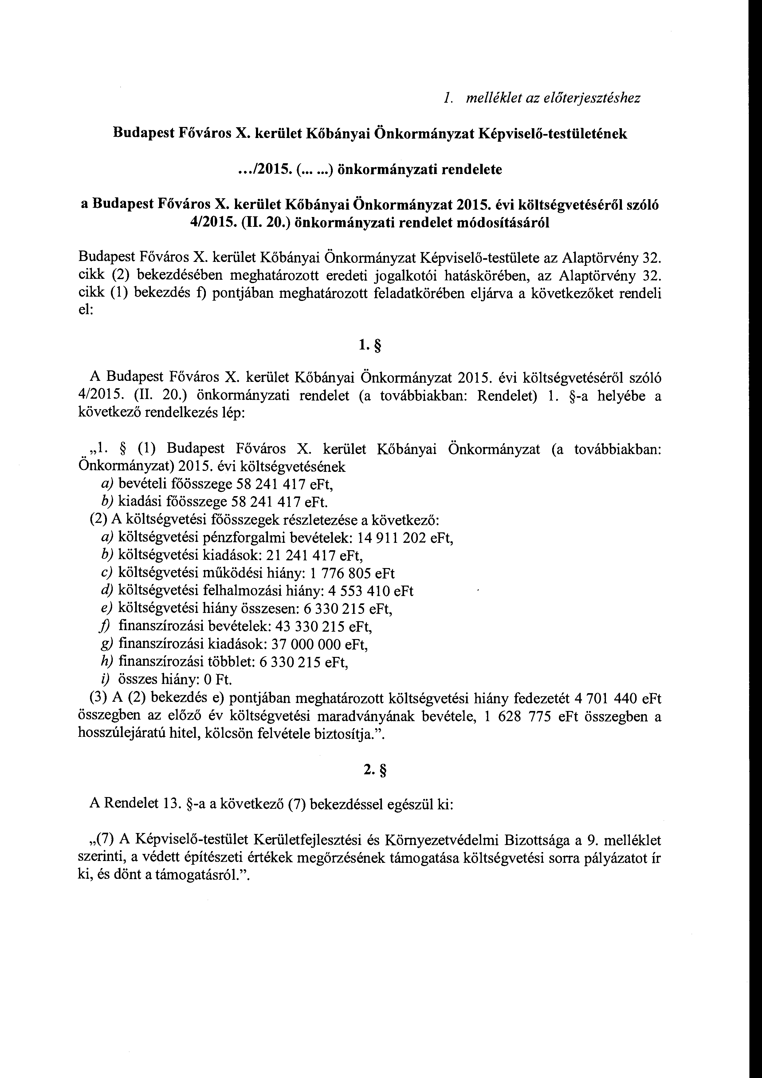 melléklet az előterjesztéshez Budapest Fővárs X. kerület Kőbányai Önkrmányzat Képviselő-testületének.../2015. (... )önkrmányzati rendelete a Budapest Fővárs X. kerület Kőbányai Önkrmányzat 2015.