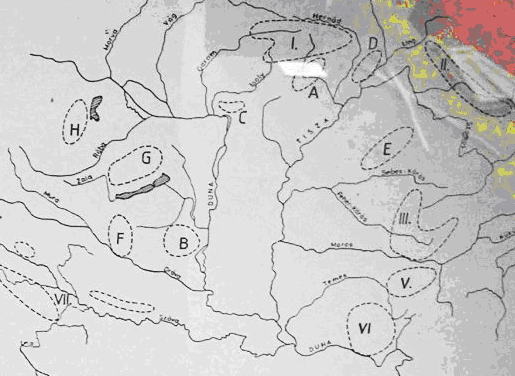 Gyepvasérc lelőhelyek Magyarországon 1. 4. ábra: Gyepvasérc lelőhelyek a Kárpát-medencében [1] I. Szepes-Gömöri térég II. Kárpátok III. Bihar és Erdély IV. Székelyföld V. Hunyad VI.