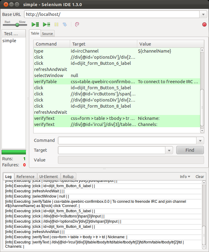 Figure 1: A Selenium IDE egy szkript futtatása után verzális az előzőhöz képest (ugyanakkor könnyebben karbantartható szkripteket eredményez), ám így is létezik olyan eszköz [7] mely képes Eclipse