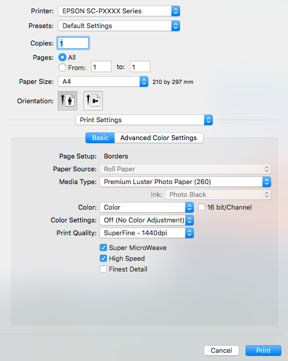 Nyomtatás színkezeléssel Mac OS X esetében Válassza a Print Settings (Nyomtatási beállítások) lehetőséget a listából, és válassza az Off (No Color Adjustment) (Ki (nincs színkorrekció)) értéket a