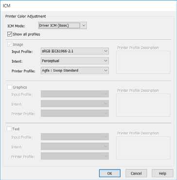 Nyomtatás színkezeléssel A A nyomtató-illesztőprogram Main (Fő) képernyőjén válassza a Custom (Egyéni) lehetőséget a Mode (Üzemmód) beállításhoz, válassza az ICM opciót, majd kattintson az Advanced