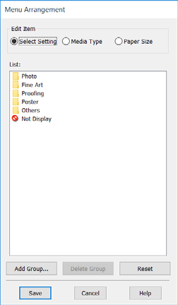 A nyomtató-illesztőprogram használata (Windows) A megjelenített elemek átrendezése A gyakran használt elemek gyors használatához a következő lépések segítségével rendezheti át a Select Setting
