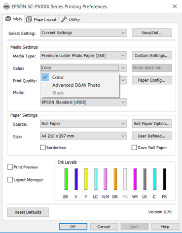 Nyomtatási lehetőségek Operációs rendszer Színkezelési beállítások B Jelenítse meg a nyomtató Main (Fő) képernyőjét. U Nyomtatás (Windows) 53. oldal Windows 10, Windows 8.