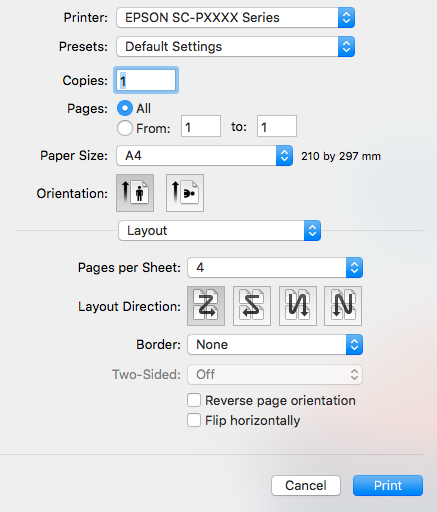 Nyomtatási lehetőségek A beállítások elvégzése Mac OS X rendszeren Ha a Nyomtatás képernyő van megjelenítve, A akkor válassza a Layout (Elrendezés) lehetőséget a listából, majd adja meg az egy lapra