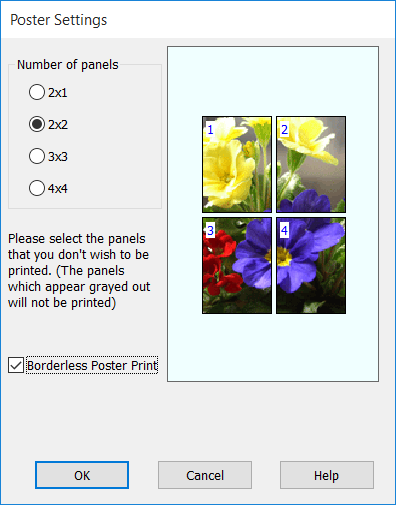Nyomtatási lehetőségek C A Poster Settings (Poszter beállításai) képernyőn adja meg, hány lapból kívánja a posztert összeállítani.