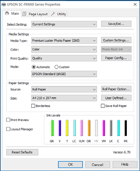 Miután már el vannak mentve a nyomtató-illesztőprogramba, az egyedi méretek kiválaszthatók az alkalmazás Page Setup (Oldalbeállítás) részében és egyéb nyomtatási párbeszédpaneleken.
