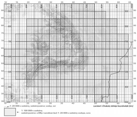 1. ábra Az 1:20 000 méretarányú szelvények oszlopai, sorai; az 1:100 000 méret arányú szelvények által lefedett terület; térképi koordináták a Lambert Cholesky-vetületben állt, amiből az első kettő