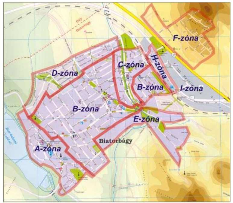 D, E, H valamint a külterületek három további zónára F és G zónák, valamint további külterületek illetve az I zónára ipari parki területek osztotta. 1.