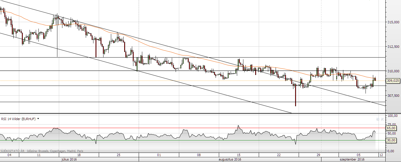 A devizakereszt a 307,60 körüli szinteken támaszkodik, északnak pedig a 310,50-es szint okoz egyelőre megoldhatatlan