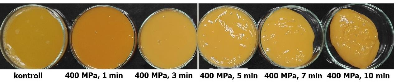 Nyomáskezelés idejének hatás tojáslevek színére 400 MPa-on.