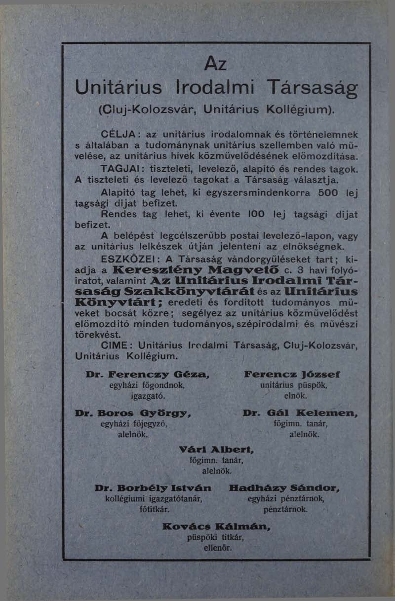 Az Unitárius Irodalmi Társaság (Cluj-Kolozsvár, Unitárius Kollégium).