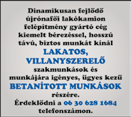 Bécsi benzinkút alkalmazottat keres többműszakos munkarendbe, 40 órás bejelentéssel, jó német nyelvtudással. Tel.: 00-43-664-1702277 Szociális gondozó és ápoló házi gondozást vállal. Érd.