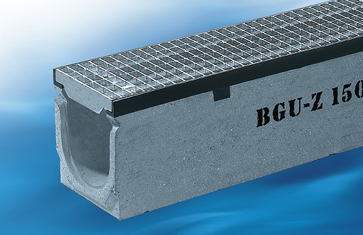 BGU-Z Univerzál folyóka SV névleges méret 150 Könnyebb és egyben jobb minőségű betontest bebetonozott öntöttvas tokkal és egy egyedi fejlesztésű gyorscsatlakozó rendszer a gyorsabb szerelésért.