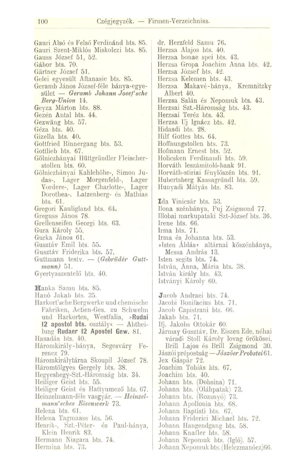 Czégjegyzék. Firmen-Verzeichniss. Gauri Alsó és Felső Ferdinánd bts. 85. Gauri Szent-Miklós Miskolczi bts. 85. Gauss József 51, 52. Gábor bis. 70. Gärtner József 51. Gelei egyesült Aftanasie bts. 85. Gerarnb János József-féle bánya-egyesület Geramb Johann Josef sehe Berg-Union 14.