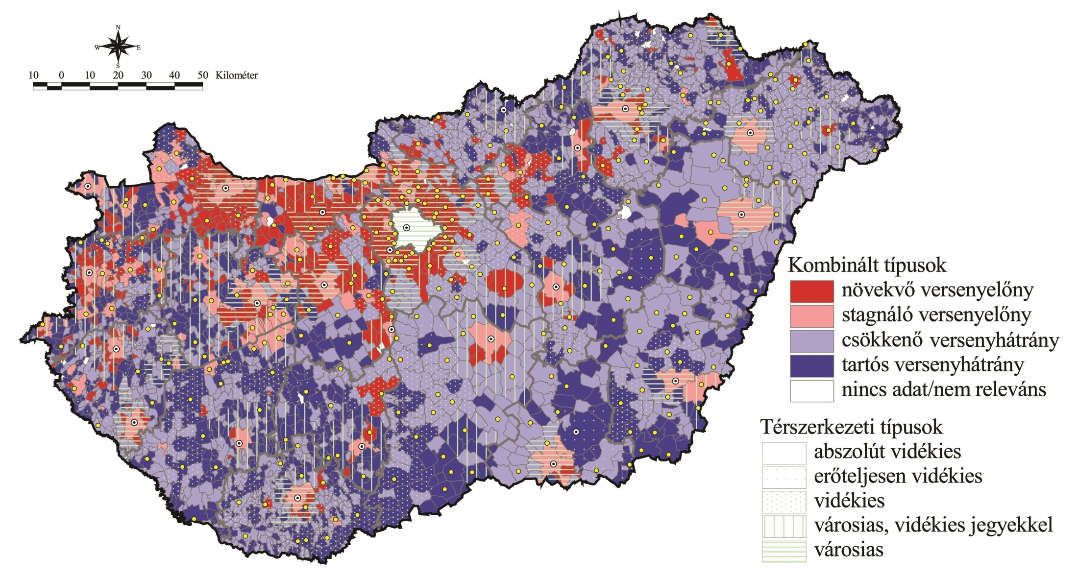 A kombinált versenyképességi típusok 2001 és 2011 között, illetve a településszerkezet alapján kialakított