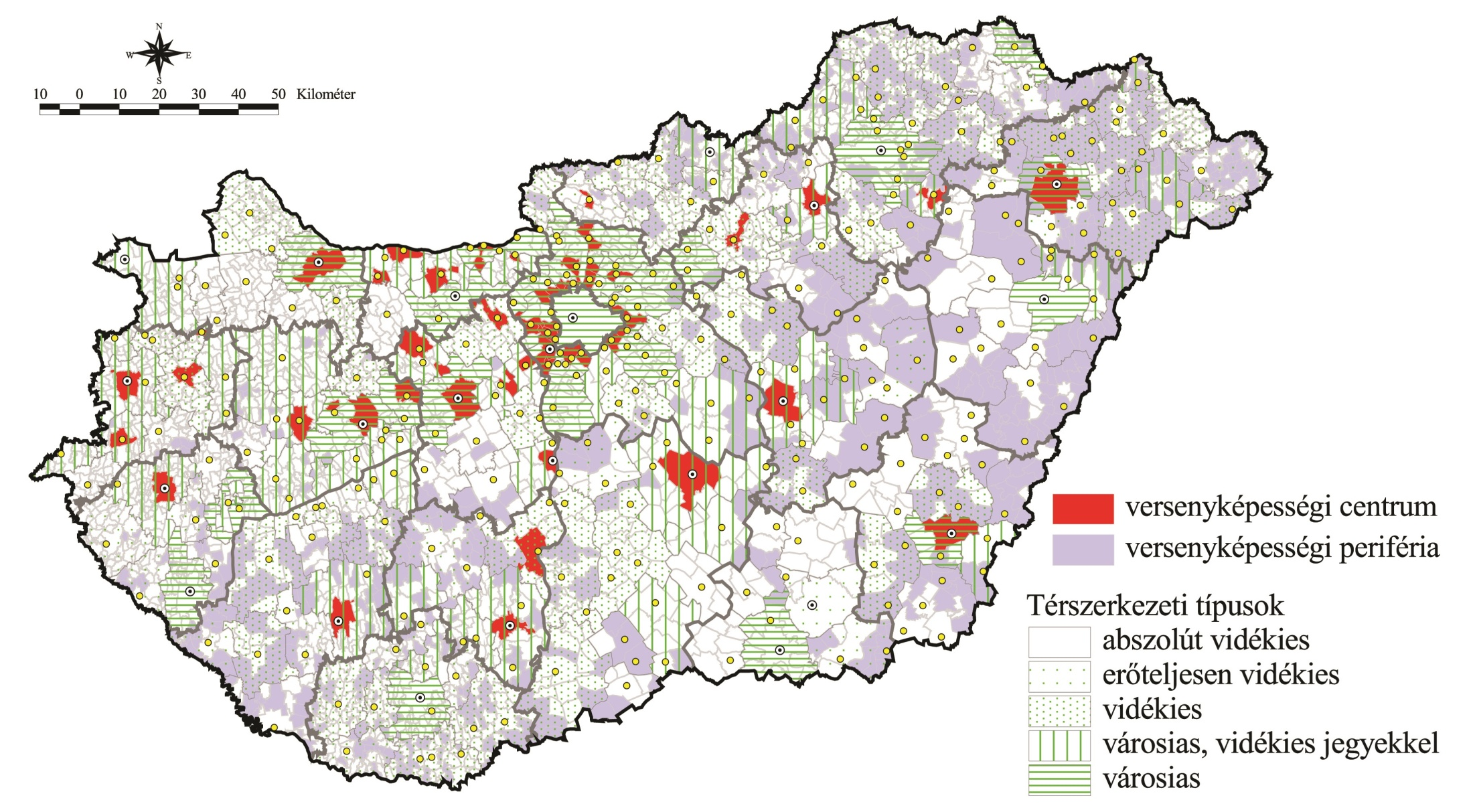 A kombinált versenyképességi centrumok és perifériák 1990 és 2011 között, illetve a településszerkezet alapján