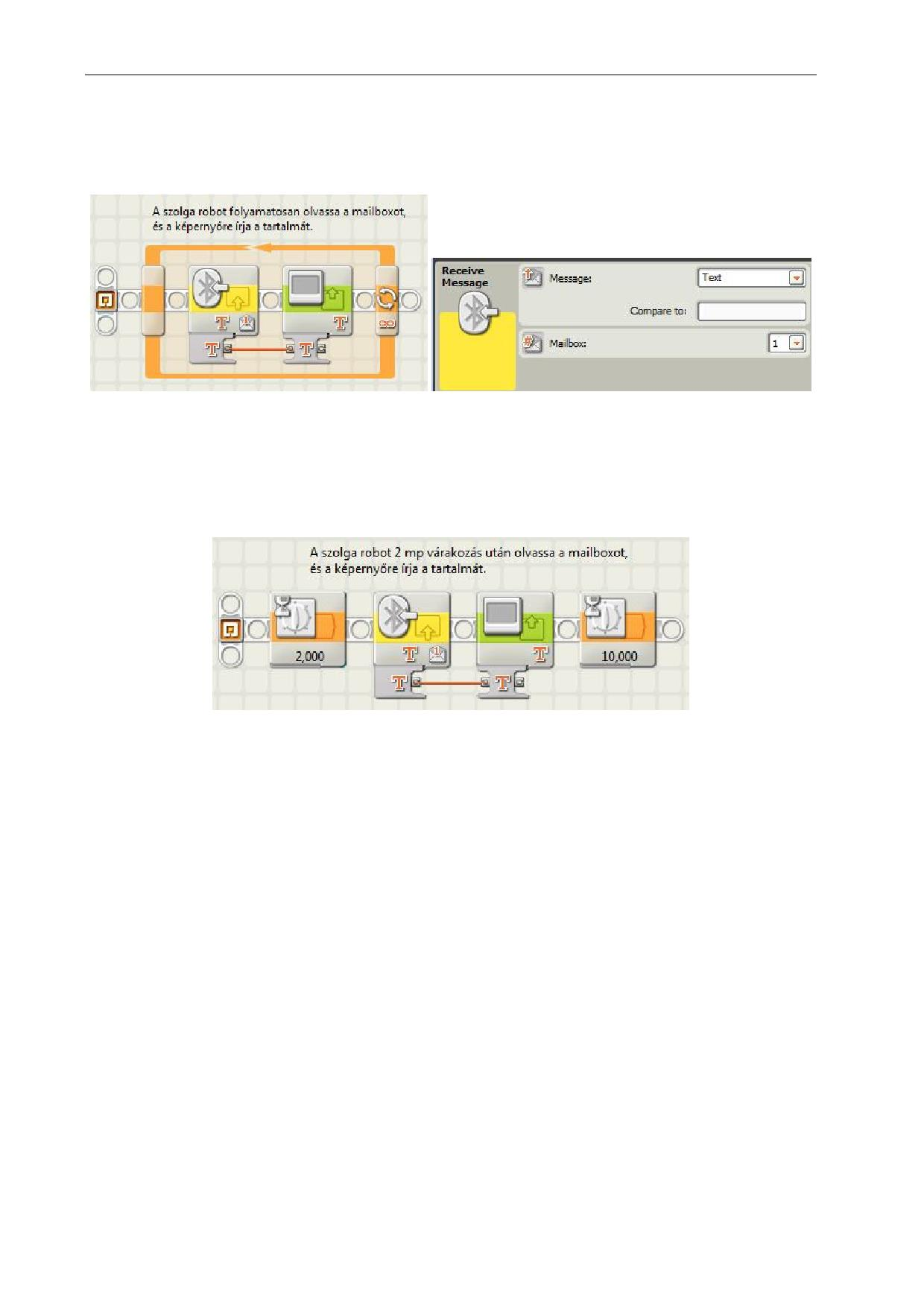 A Mindstorms NXT robotok programozásának alapjai A szolga robot folyamatosan figyeli az 1-es mailboxát, és képernyőre írja a benne megjelenő szöveges üzeneteket.