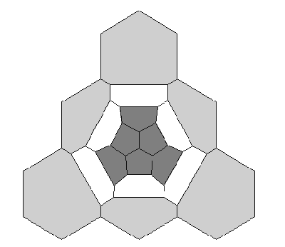 1.ábra Az A1 és B1 típusú csempék és a relaxált szerkezetek. A hétszögek szürkék, a hatszögek fehérek, az ötszögek feketék.