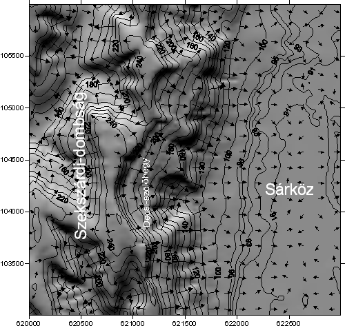 2. ábra. A Decsi-szőlőhegy és környezetének árnyékolásos domborzatmodellje, magassági adatokkal és lefolyási irányok feltüntetésével, EOV koordinátákkal (saját szerkesztés).