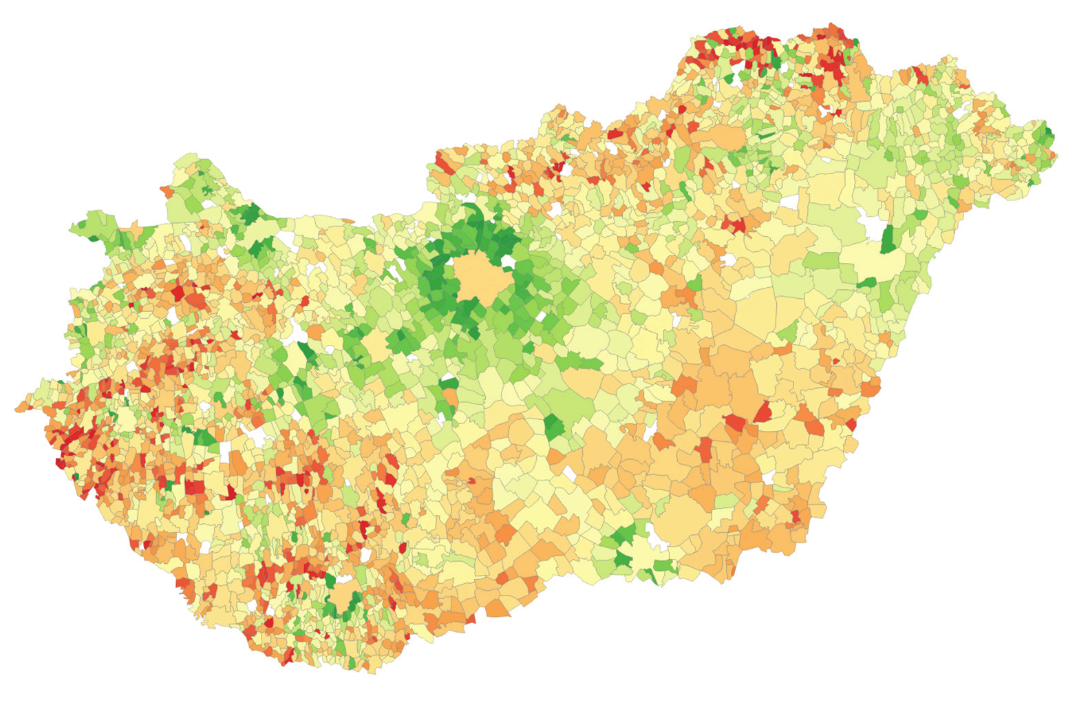 Az alábbi térkép a magyarországi települések lakosságszámának változását mutatja az előzőekben már bemutatott időszakban (1990-2013 között).