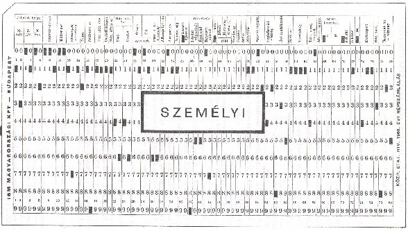 818 CZIBULKA ZOLTÁN 4. ábra. Az 1960. évi népszámlálás lyukkártyája A kérdések mennyiségét és a válaszlehetőségeket úgy kellett meghatározni, hogy azok lyukkártyával feldolgozhatók legyenek.