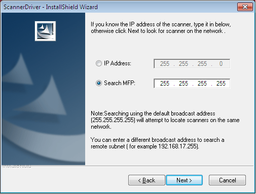 10. Jelölje be az IP Address (IP Address) vagy a Search MFP (Search MFP) jelölőnégyzetet a készülék