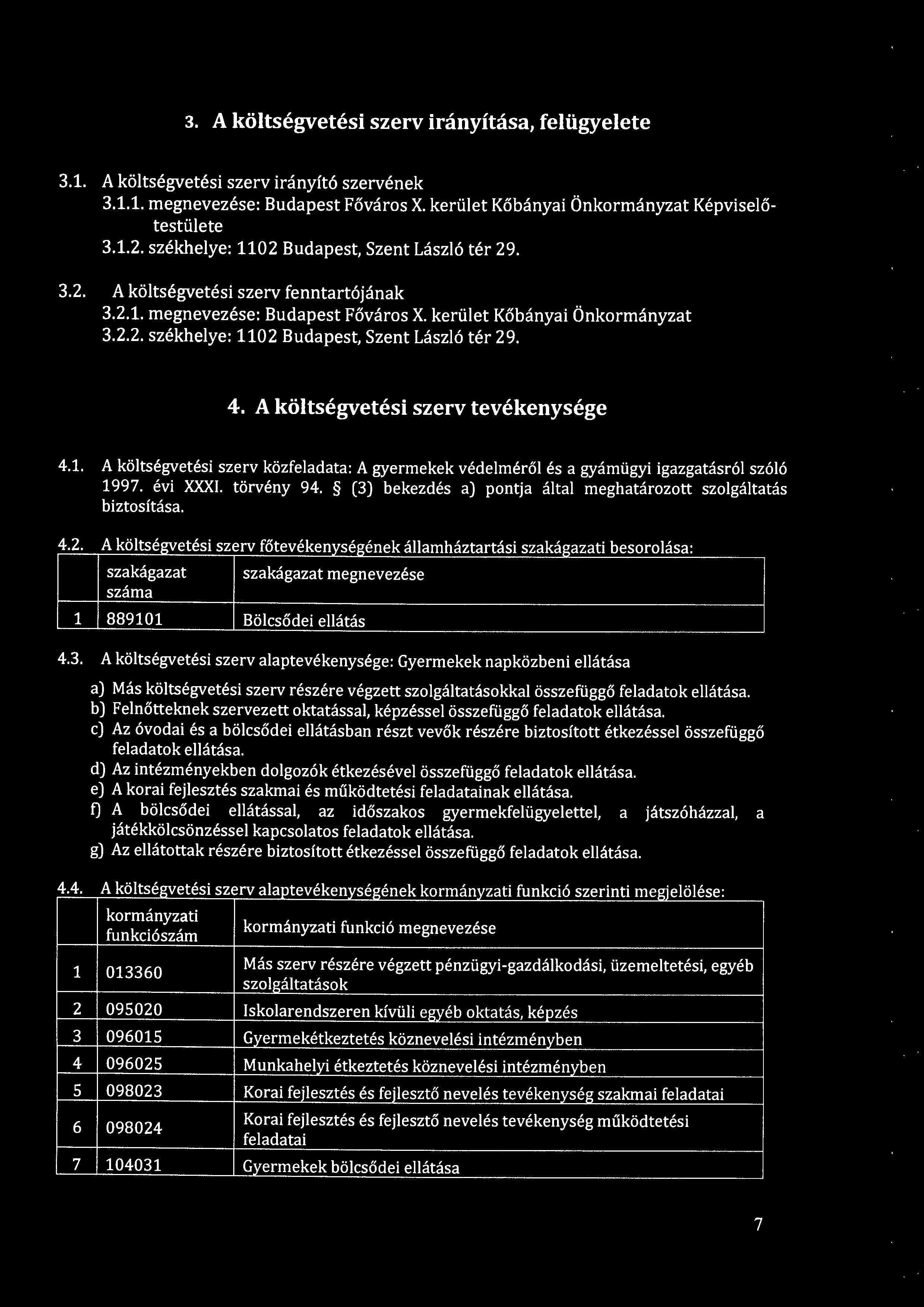 4. A költségvetési szerv tevékenysége 4.1. A költségvetési szerv közfeladata: A gyermekek védelméről és a gyámügyi igazgatásról szóló 1997. évi XXXI. törvény 94.