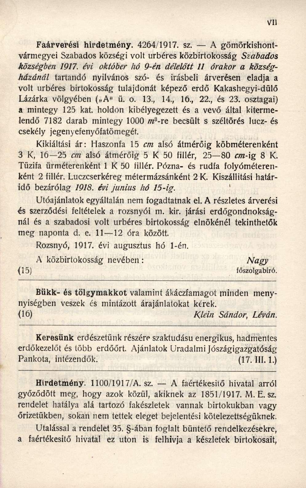 Faárverési hirdetmény. 4264/1917. sz. A gömörkishontvármegyei Szabados községi volt úrbéres közbirtokosság Szabados községben 1917.